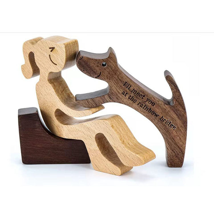 DIY Figurine Wood Dog Ornament Sculpture Home Decoration A Man A Dog Wood Sculpture Christmas Gifts Model Decor